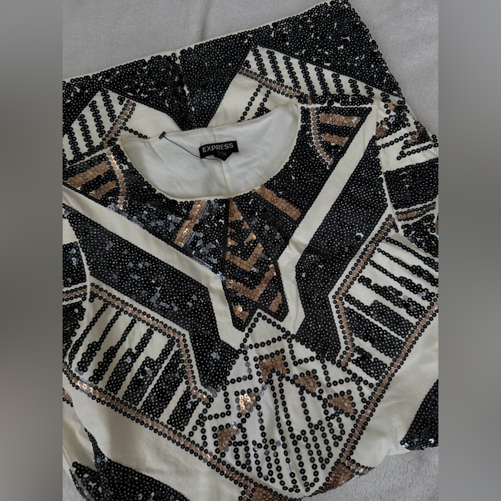 Express Geometric Sequin Mini Dress - Black, White, Tan - Picture 3 of 3